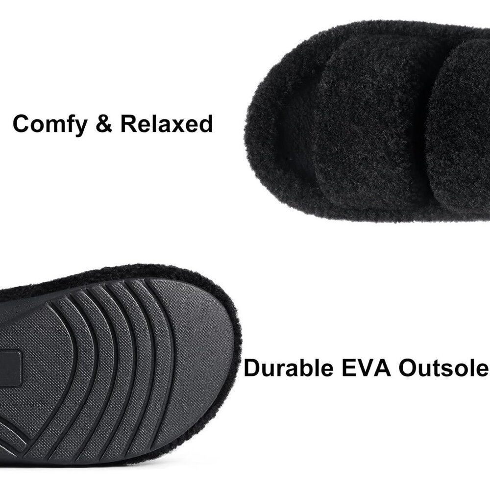 Women's Black Fuzzy House Slippers with Moderate Arch Support Open Toe Cozy - Picture 6 of 6